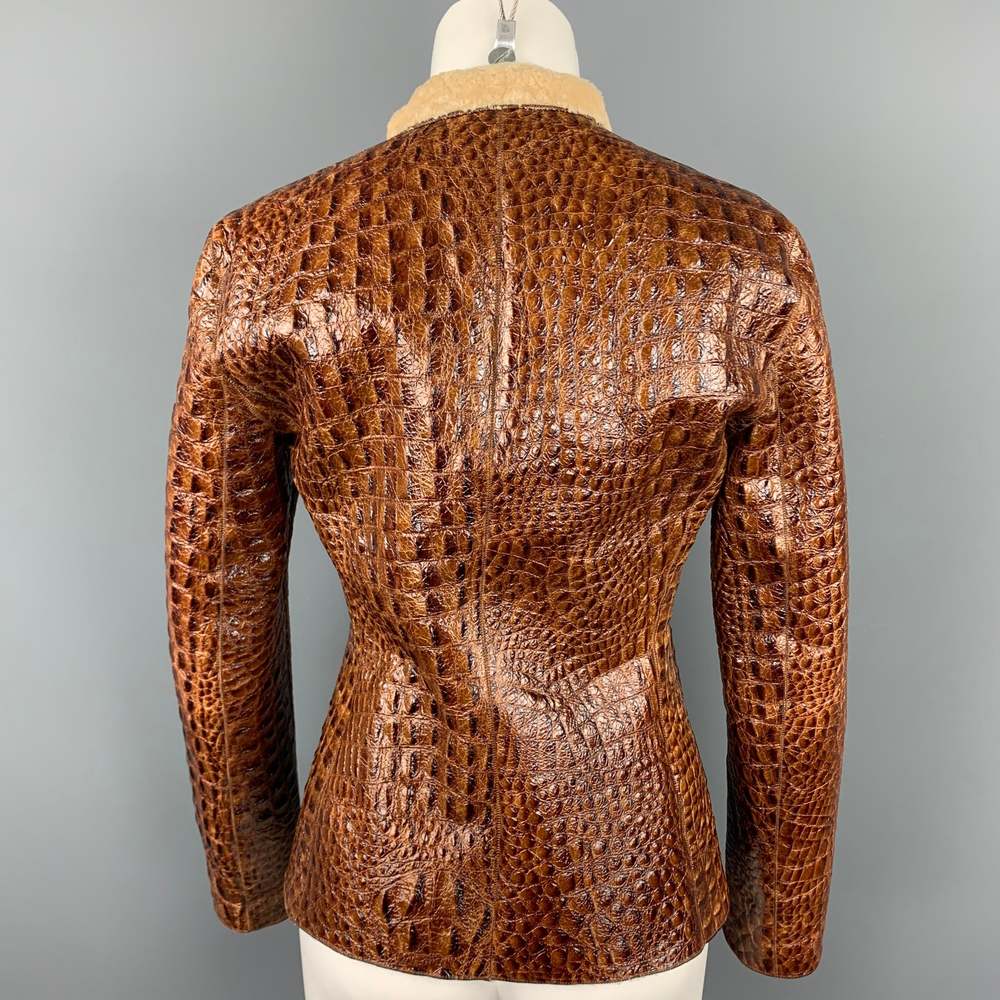 ARMANI COLLEZIONI Size 6 Brown Embossed Leather Jacket - Picture 4 of 6